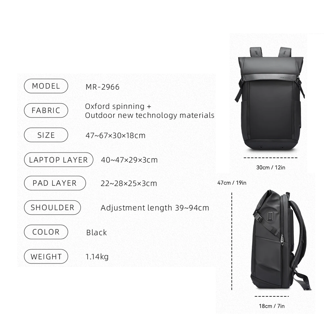 MARK RYDEN MR2966 Backpack Bag USB Laptop 15.6" - BLACK