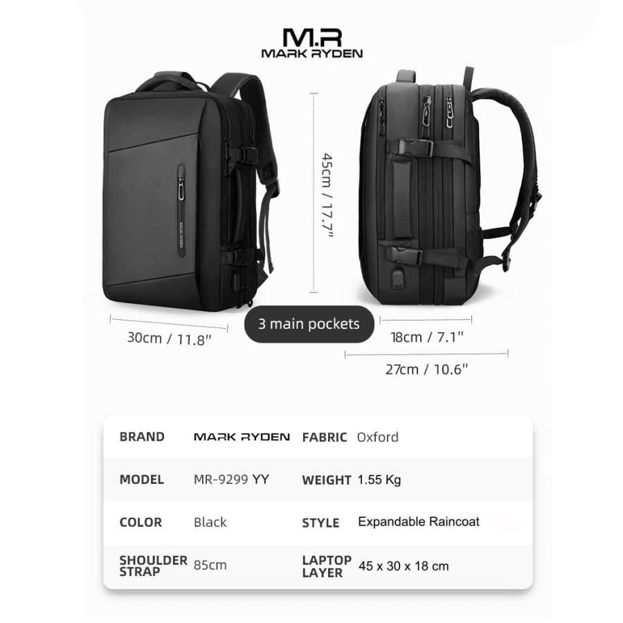 Mark Ryden MR9299YY Backpack Bag USB Laptop 17" - BLACK