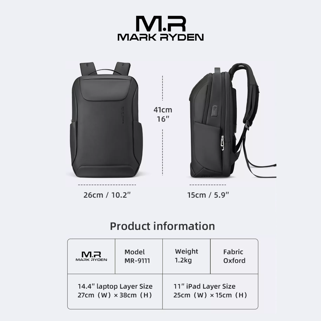 Mark Ryden MR9111X Backpack Bag USB Laptop 15.6" - BLACK